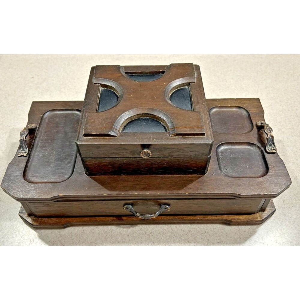 Vintage London Leather Wooden Mens Dresser Jewelry Box Made Japan